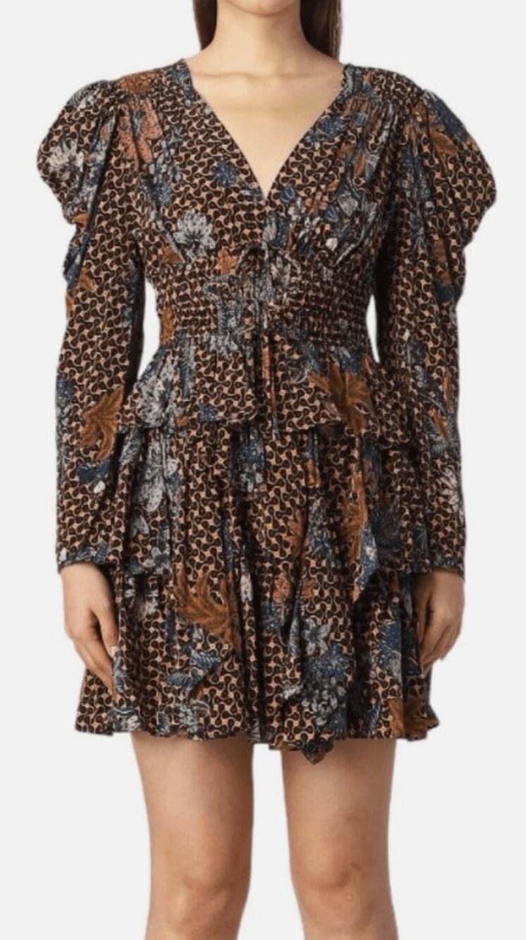 Ulla Johnson Gerbera Floral Print Long Puff Sleeve Oni Silk Mini Dress Womens 6